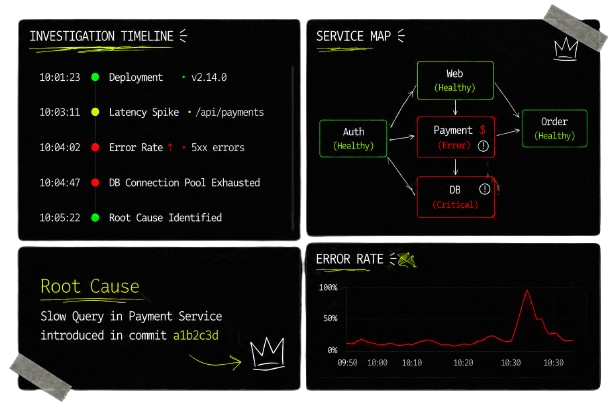 Evolvex investigation dashboard showing timeline, service map, root cause and error rate