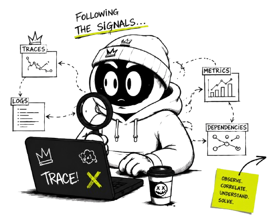 Detective character following the signals across traces, logs, metrics, and dependencies